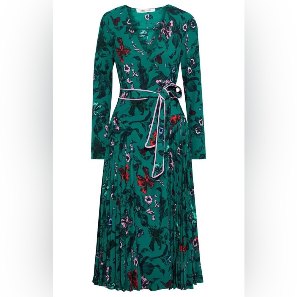 Diane Von Furstenberg Teal Floral Long Sleeve Dress